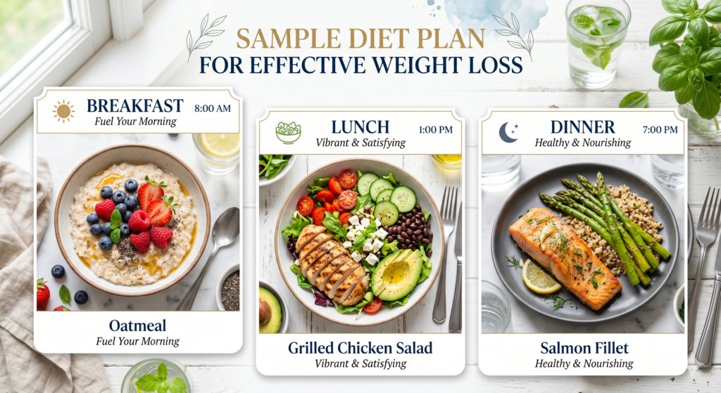 Diet Plan Sample A graphic showing a sample diet plan for weight loss, including oat mealfor breakfast, salad for lunch, and salmon fillet for dinner.