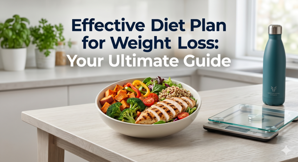 Healthy Diet Plan for Weight Loss A bowl of fresh salad on a table with potted plants , a kitchen scale , and a water bottle , representing a healthy diet for weight loss.