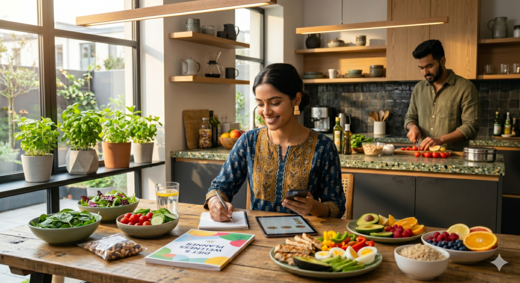 Custom Diet Plan for Weight Loss A woman sitting at a kitchen table surrounded by fresh vegetables and healthy ingredients, writing in a notebook while a man cooks in the background.