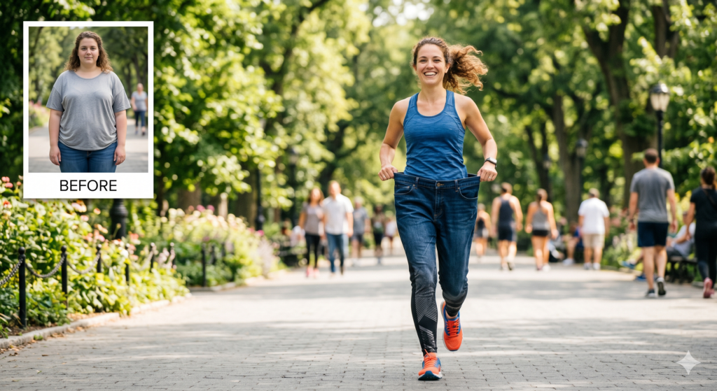 Effective Diet Plan for Weight Loss. A woman jogging in a park, illustrating a weight loss and fitness journey.